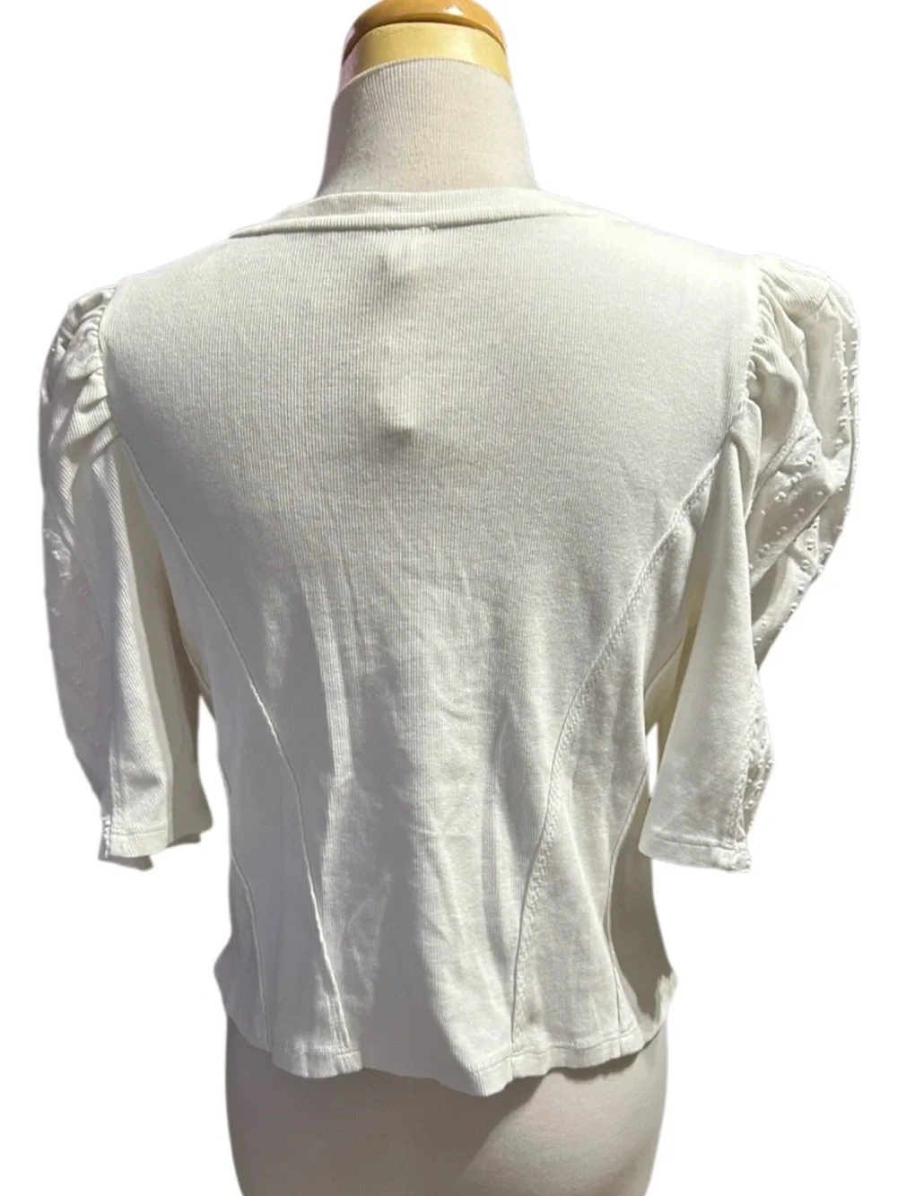 Anthropologie Puff-Sleeve Structured V- Neck Tee Blouse Top Ribbed Size L